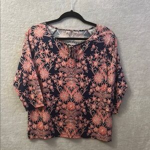 Talbots Blue Pink Floral Blouse 3/4 Sleeve Petite
